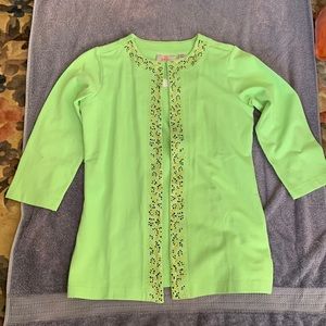 Quacker Factory lime green blouse with embellishments.